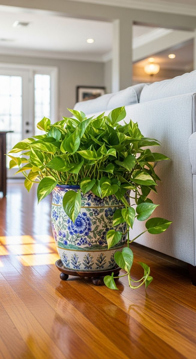 a pothos plant in a decorative pot on a wooden floor