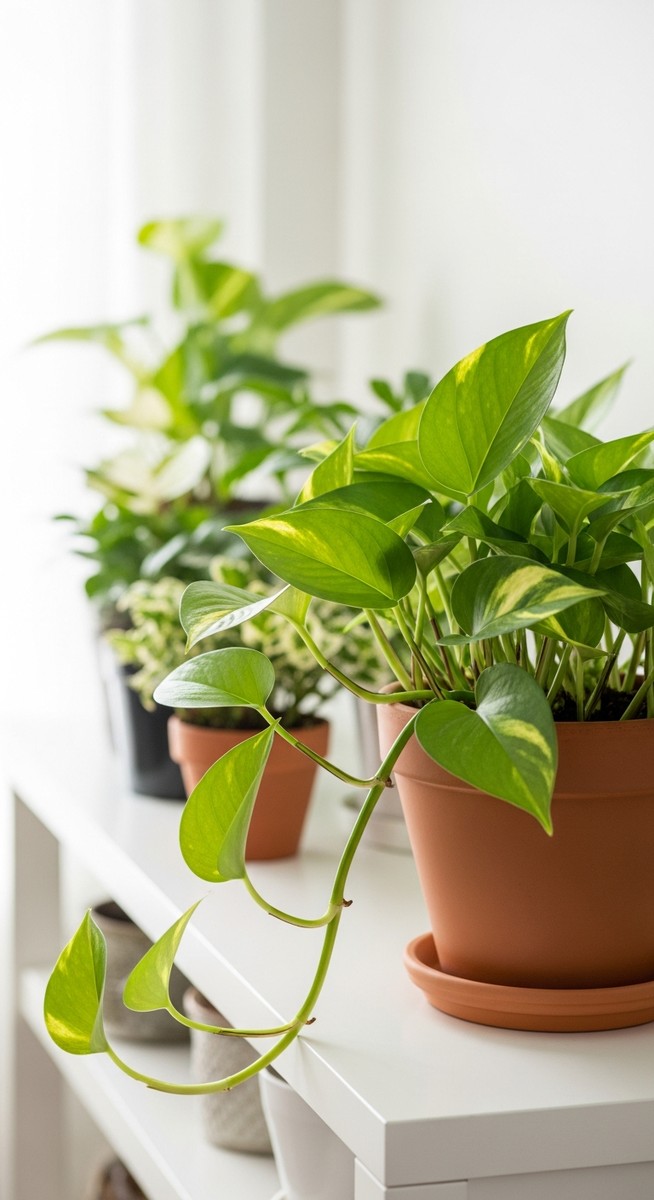 a lush pothos plant in a terracotta pot on a white shelf