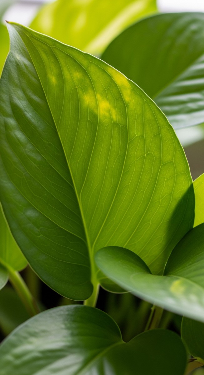 close-up of healthy pothos leaves showing vivid colour and texture, for jessenia pothos
