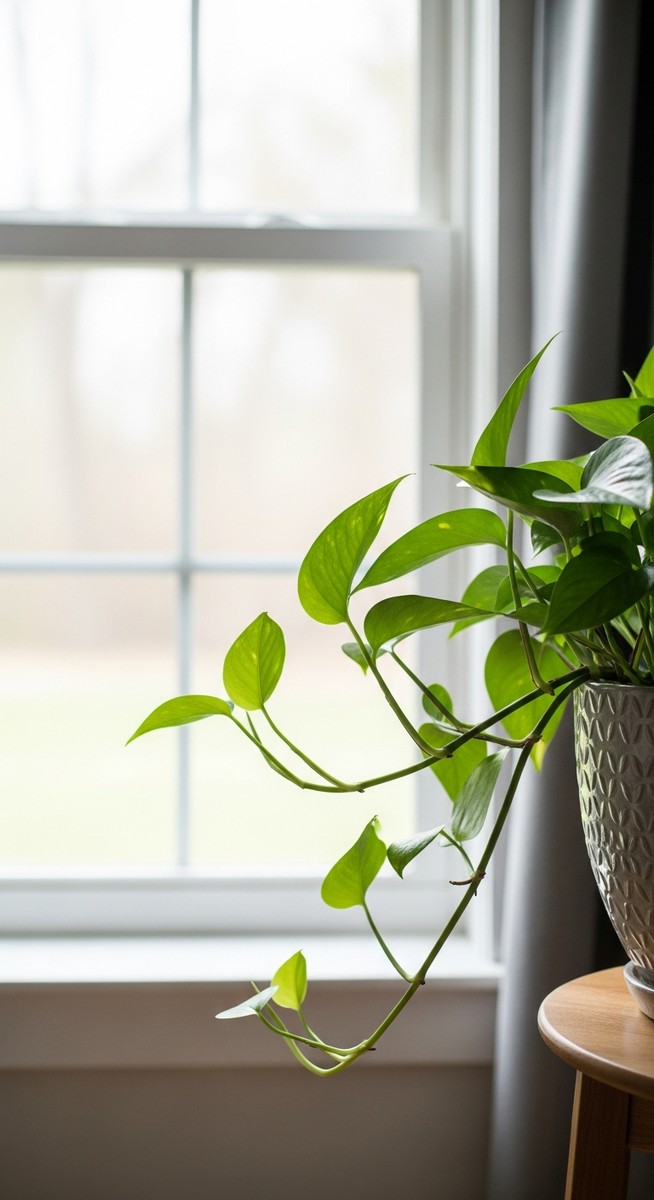 a pothos plant in a pot near a bright window