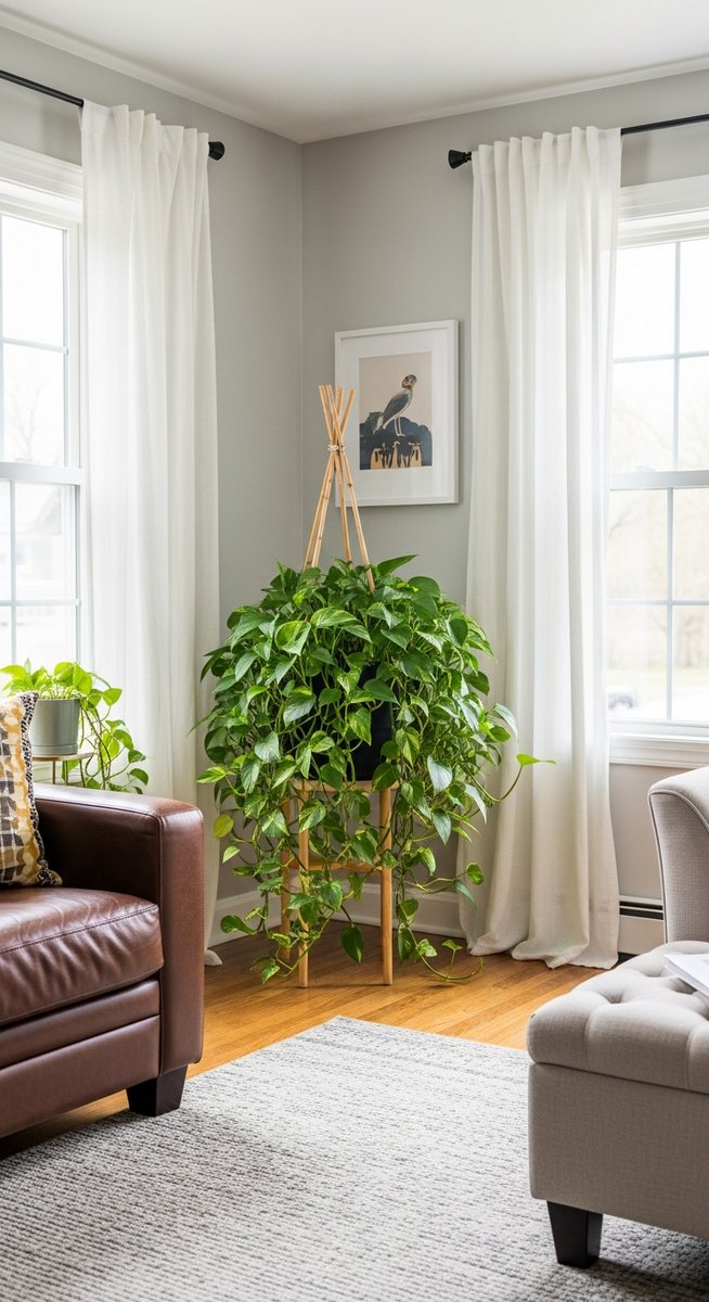 a large thriving pothos plant as a living room focal point, for jessenia pothos