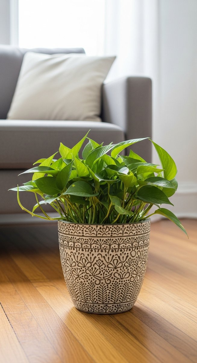 a pothos plant in a decorative pot on a wooden floor