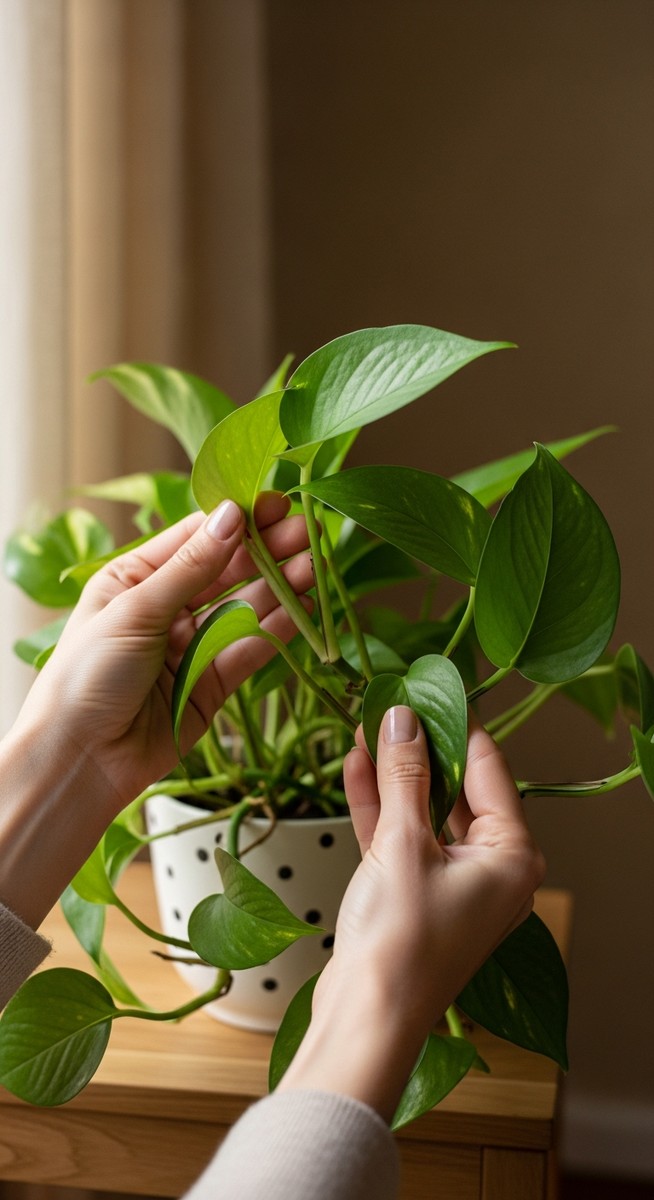 hands touching the leaves of a healthy pothos plant
