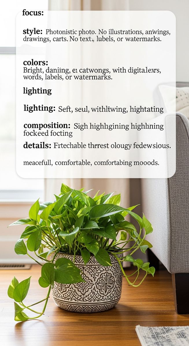 a pothos plant in a decorative pot on a wooden floor