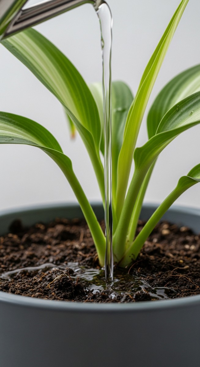 close-up of water being poured into the soil of a know plant