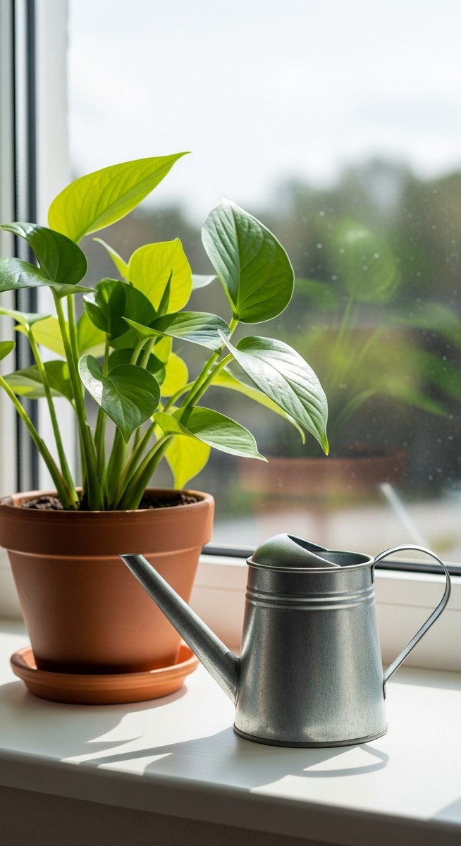 a know plant on a windowsill next to a small watering can