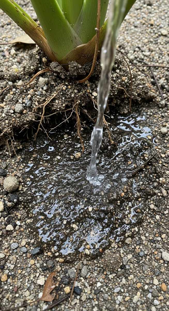 close-up of water soaking into the soil of a know plant, for know when to water houseplant
