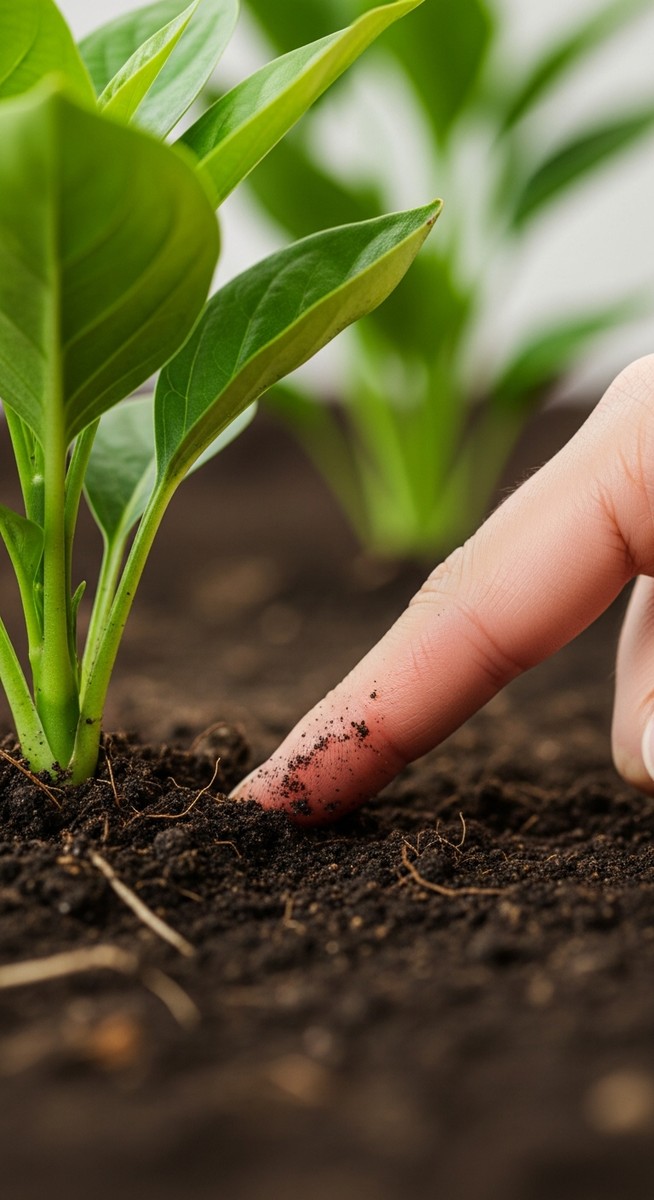 a person checking soil moisture of a know plant before watering, for know when to water houseplant