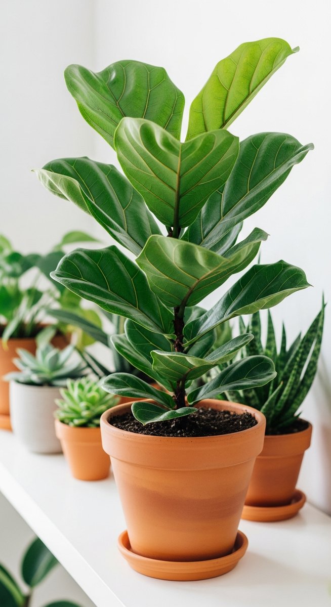 a lush fiddle leaf fig plant in a terracotta pot on a white shelf