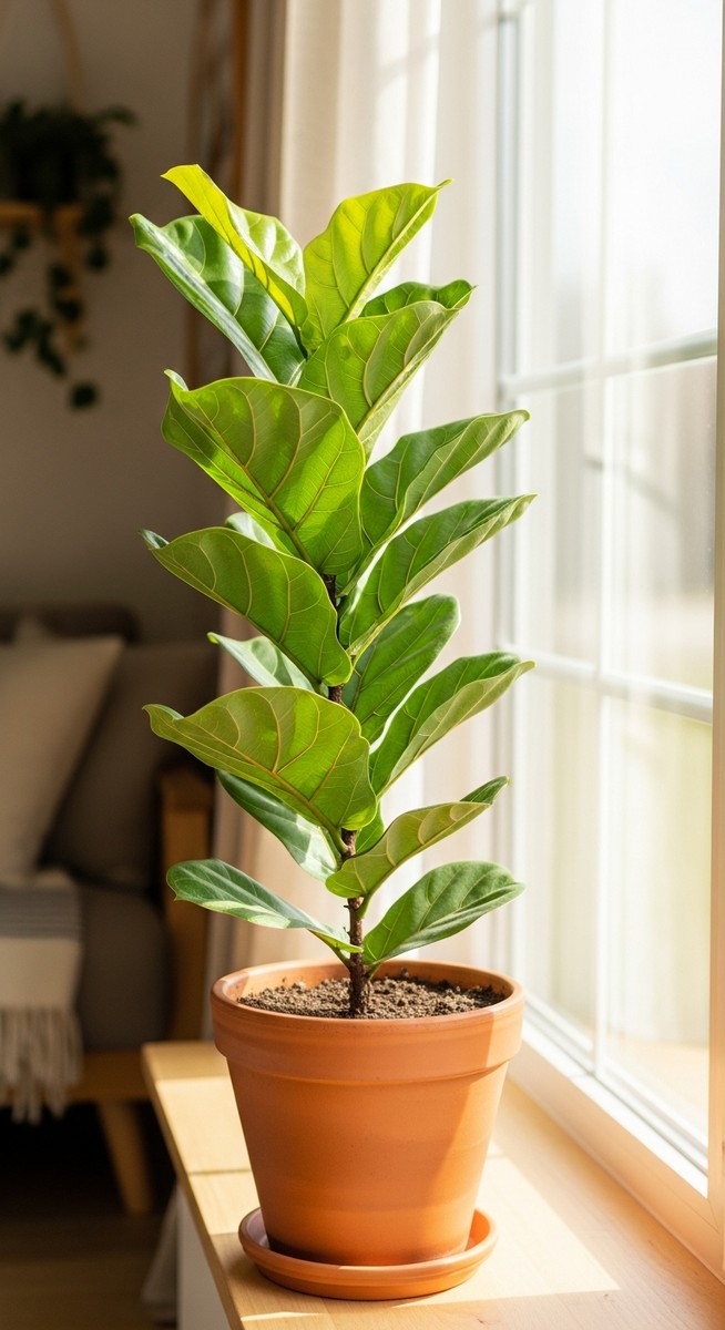 a fiddle leaf fig plant in a pot near a bright window