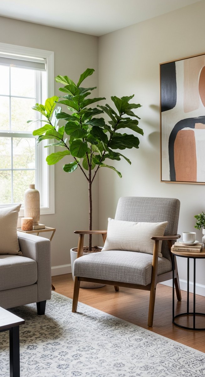 a large thriving fiddle leaf fig plant as a living room focal point, for large fiddle leaf fig tree