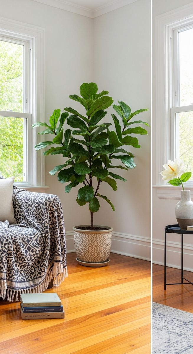 a fiddle leaf fig plant in a decorative pot on a wooden floor