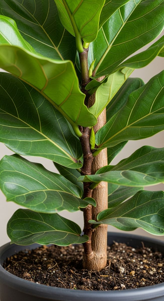 close-up of the base and lower leaves of a fiddle leaf fig plant, for large fiddle leaf fig tree