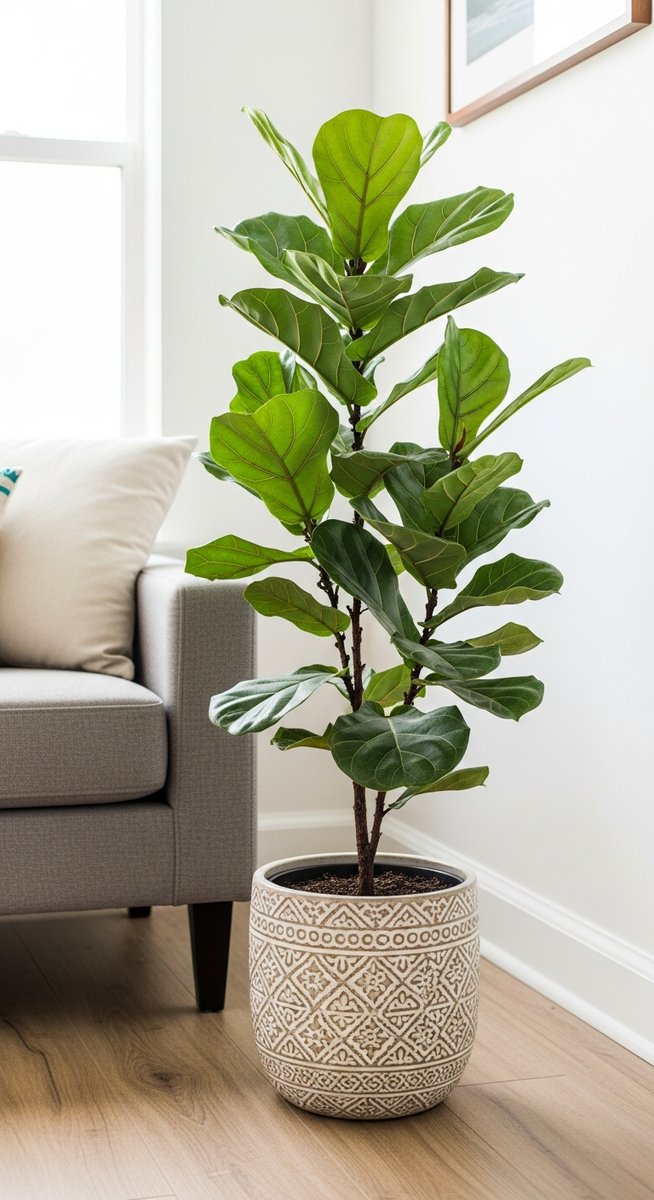 a fiddle leaf fig plant in a decorative pot on a wooden floor