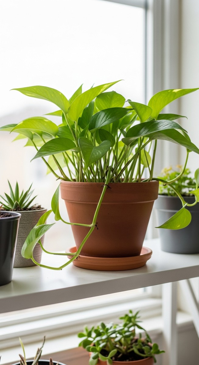 a lush pothos plant in a terracotta pot on a white shelf