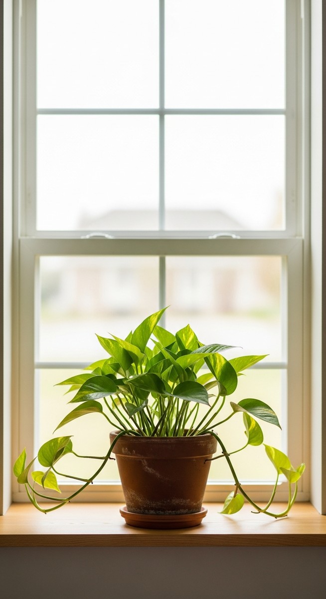 a pothos plant in a pot near a bright window