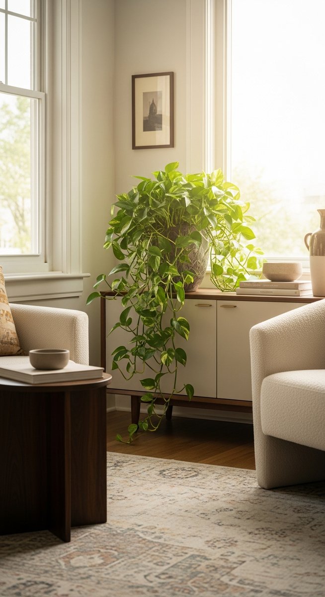 a large thriving pothos plant as a living room focal point, for large pothos
