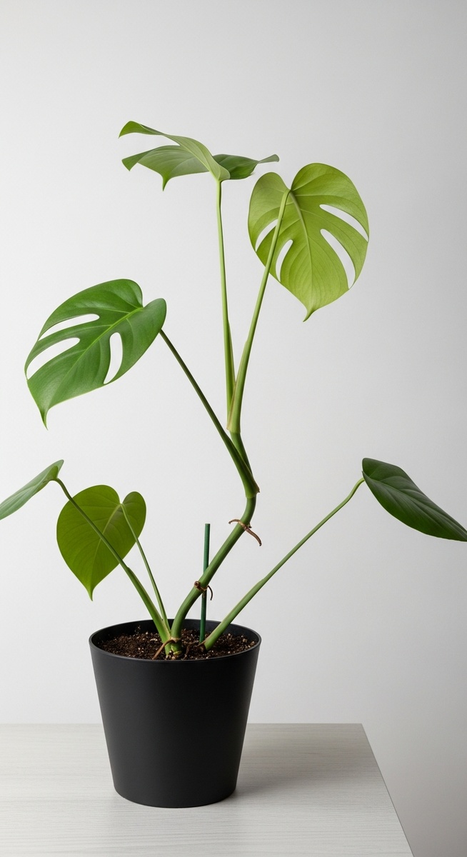 A monstera houseplant in a pot with fewer stems than normal, for leggy monstera