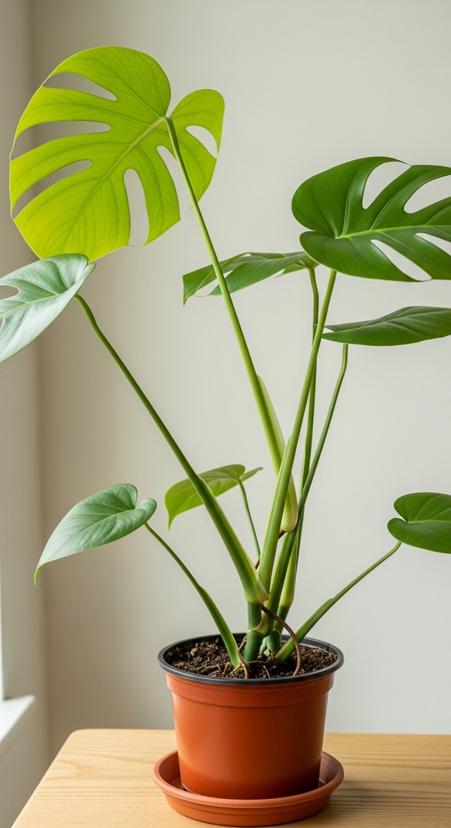 A monstera houseplant in a pot with fewer stems than normal