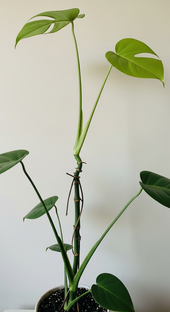 A monstera houseplant in a pot with fewer stems than normal, for leggy monstera