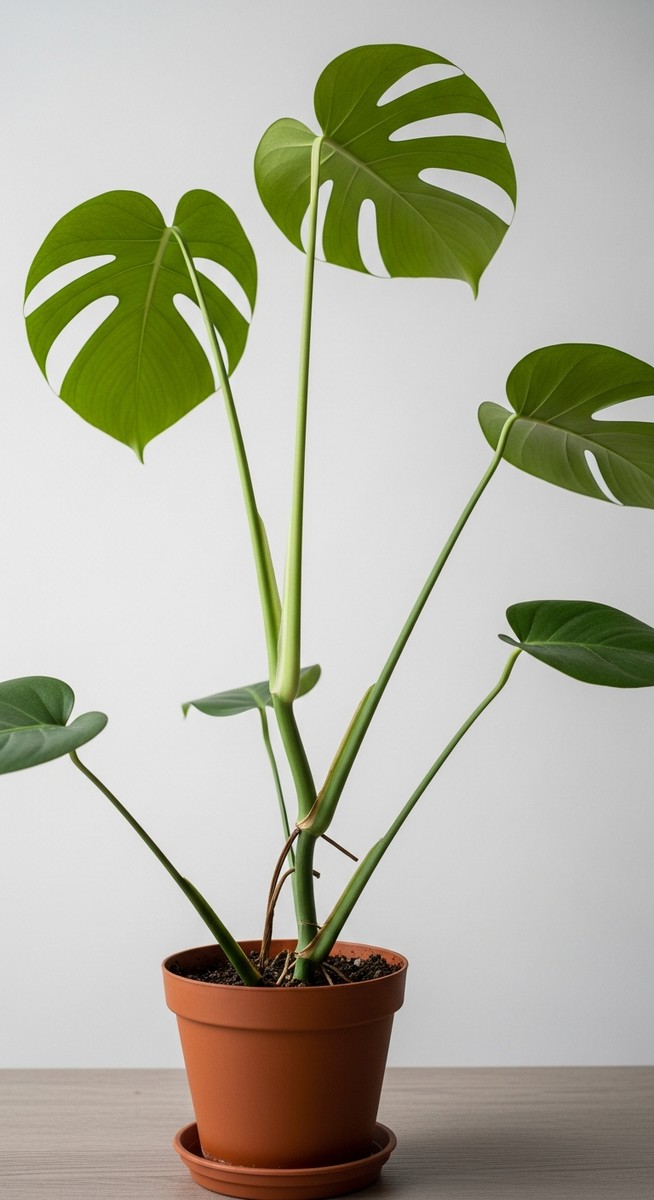 A monstera houseplant in a pot with fewer stems than normal