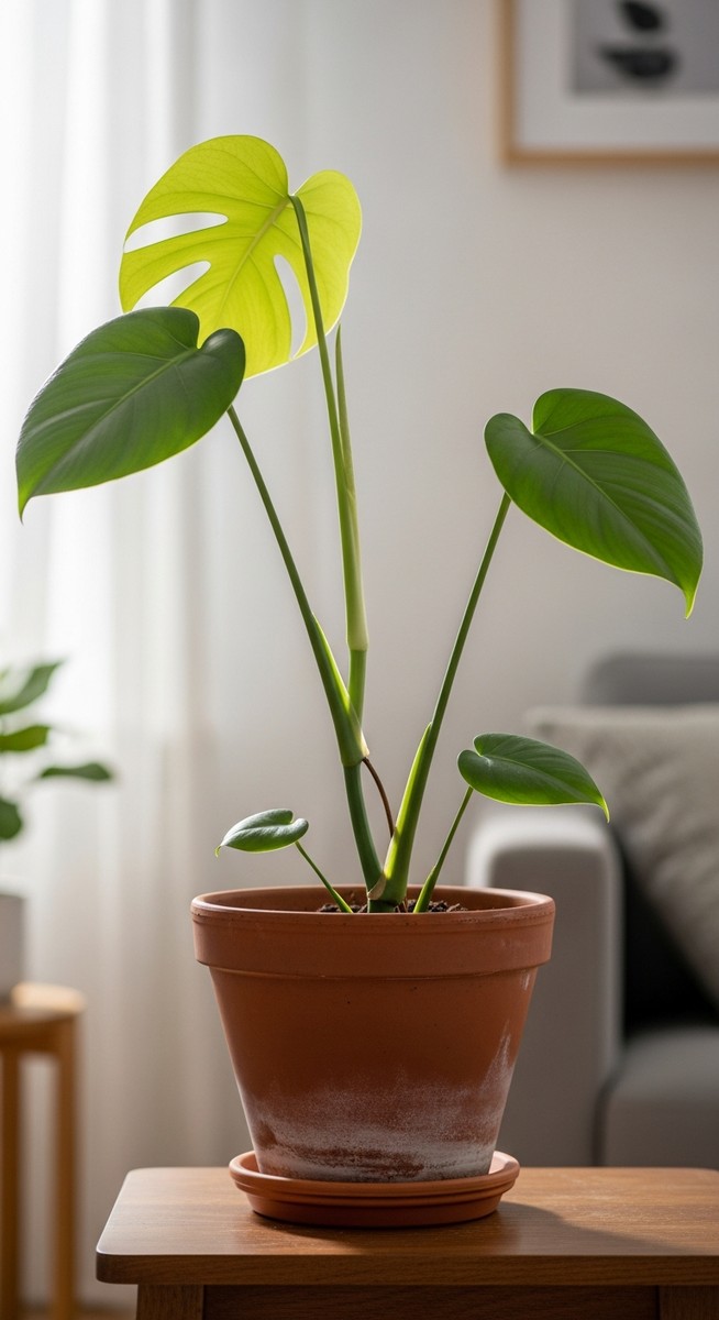 A monstera houseplant in a pot with fewer stems than normal, for leggy monstera
