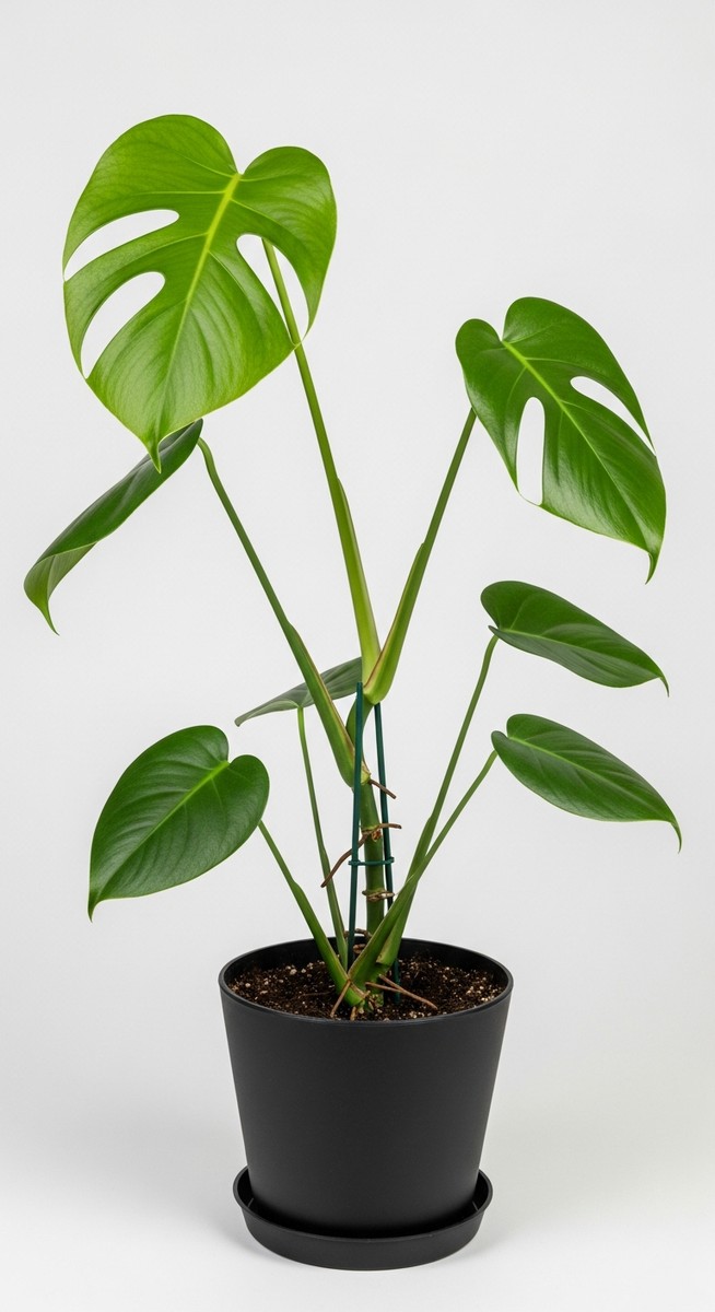 A monstera houseplant in a pot with fewer stems than normal