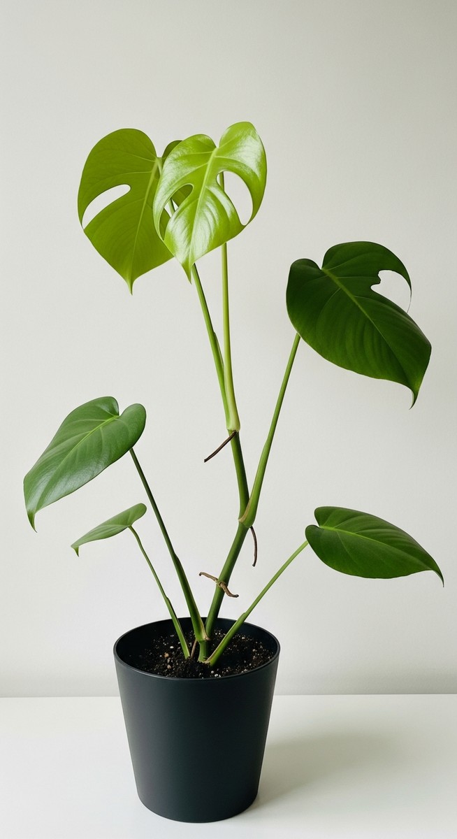 A monstera houseplant in a pot with fewer stems than normal, for leggy monstera