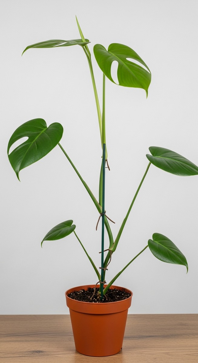 A monstera houseplant in a pot with fewer stems than normal