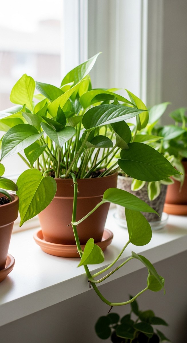 a lush pothos plant in a terracotta pot on a white shelf