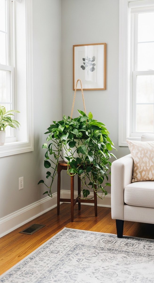 a large thriving pothos plant as a living room focal point, for long pothos