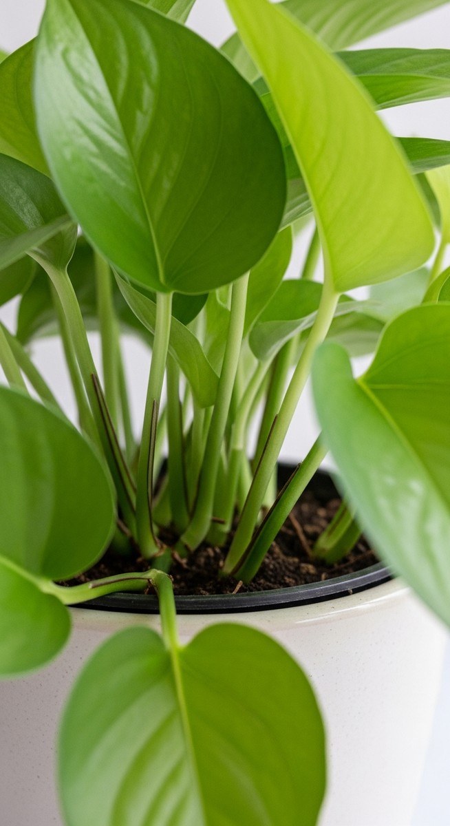close-up of the base and lower leaves of a pothos plant, for long pothos