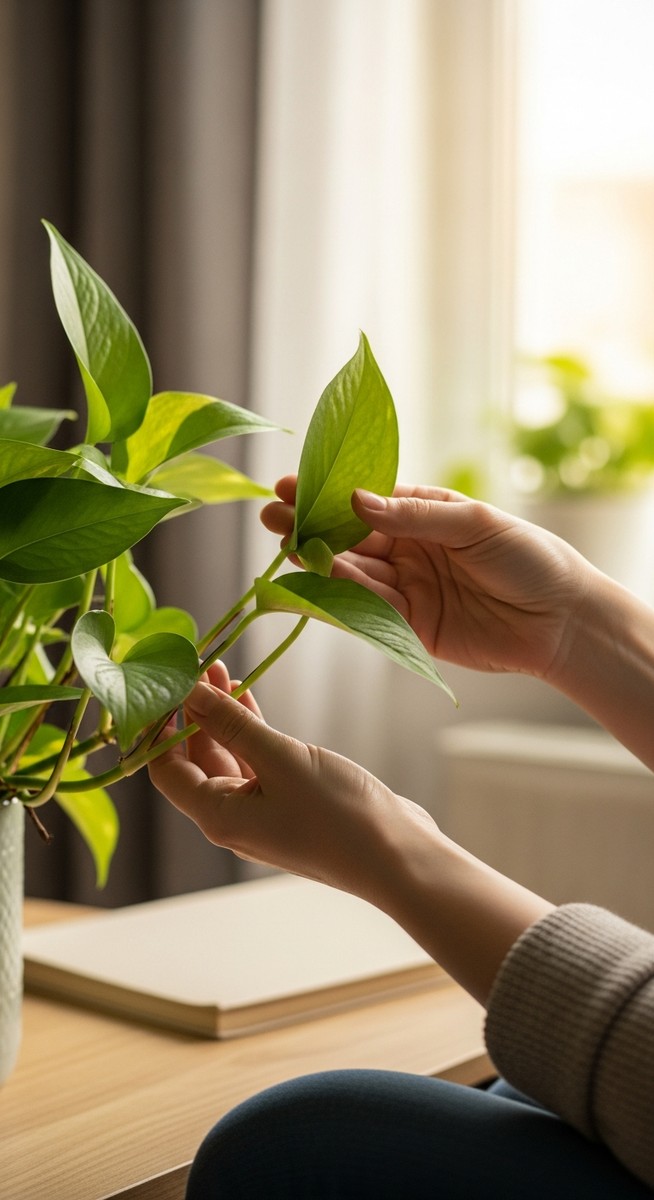 hands touching the leaves of a healthy pothos plant