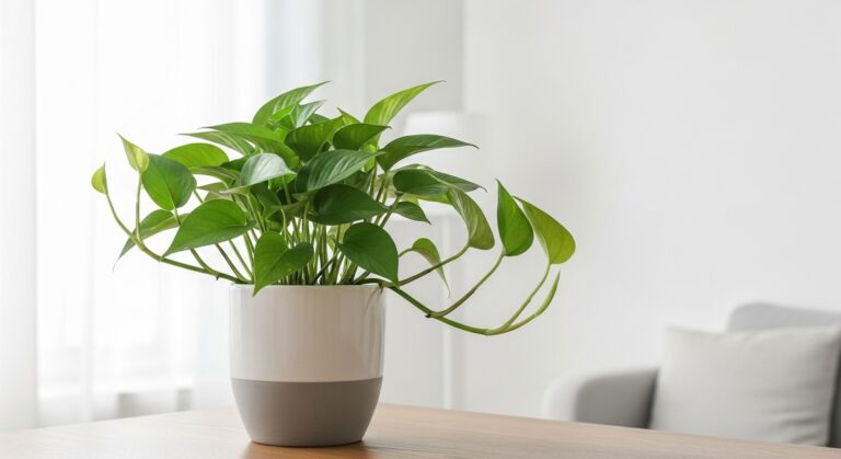 a healthy pothos plant displayed in a bright modern living room, for long pothos