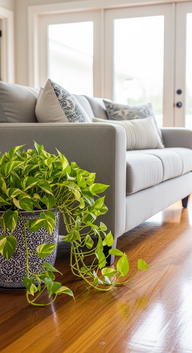 a pothos plant in a decorative pot on a wooden floor