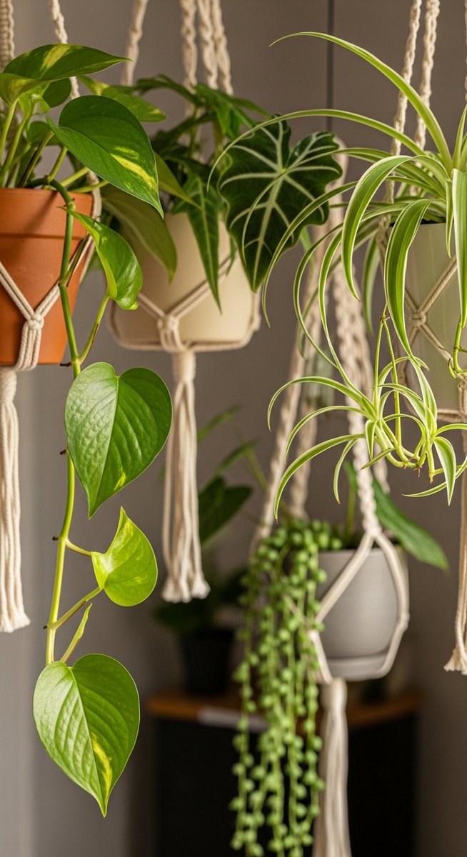 close-up of hanging houseplants such as pothos and spider plant in hanging pots leaves looking lush in a indoor space with low to medium light