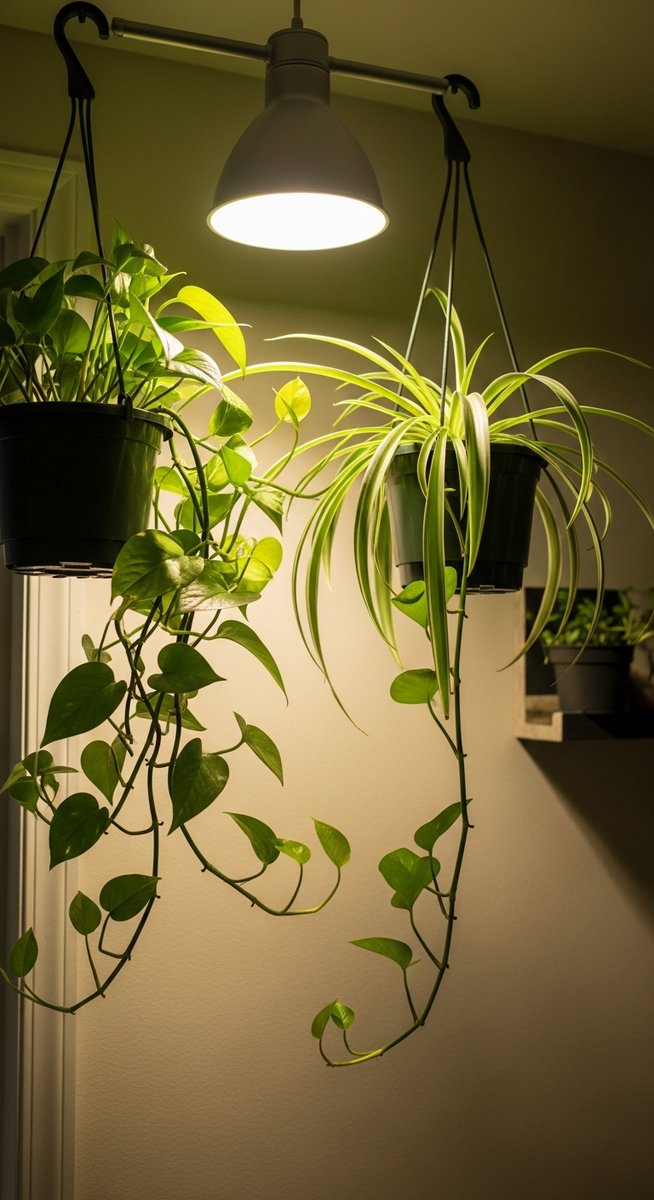 a hanging houseplants such as pothos and spider plant in hanging pots growing toward the light source in a indoor space with low to medium light, for low light hanging plants