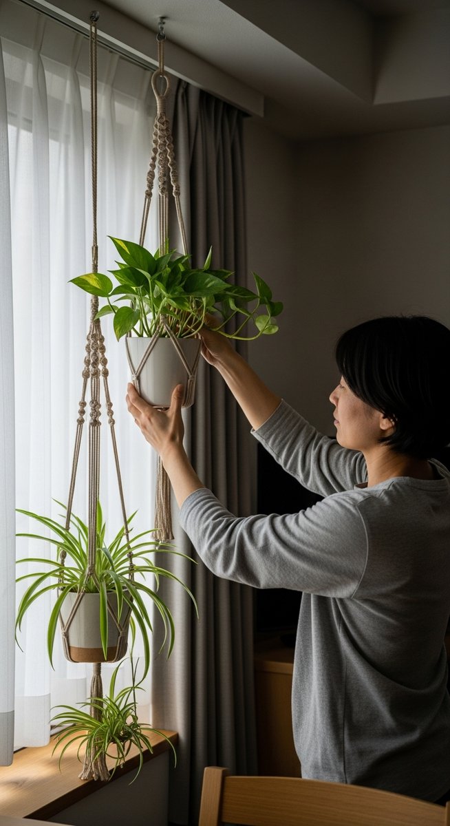a person placing a hanging houseplants such as pothos and spider plant in hanging pots in the ideal spot in a indoor space with low to medium light, for low light hanging plants