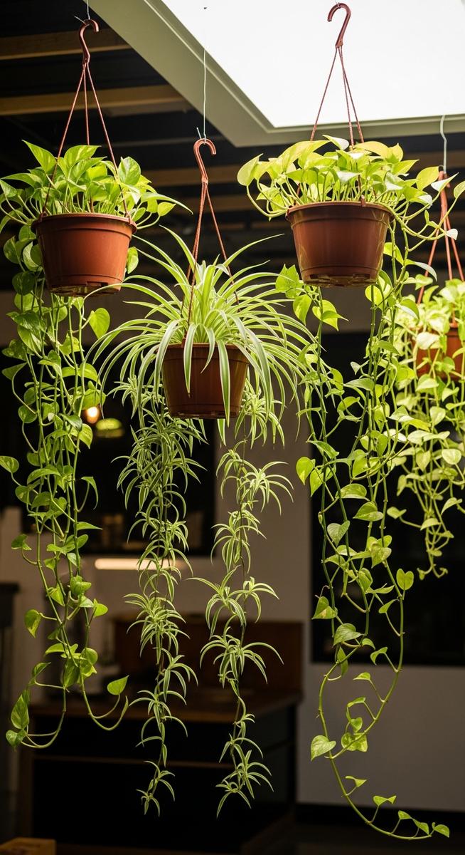 a hanging houseplants such as pothos and spider plant in hanging pots in the brightest spot of a indoor space with low to medium light