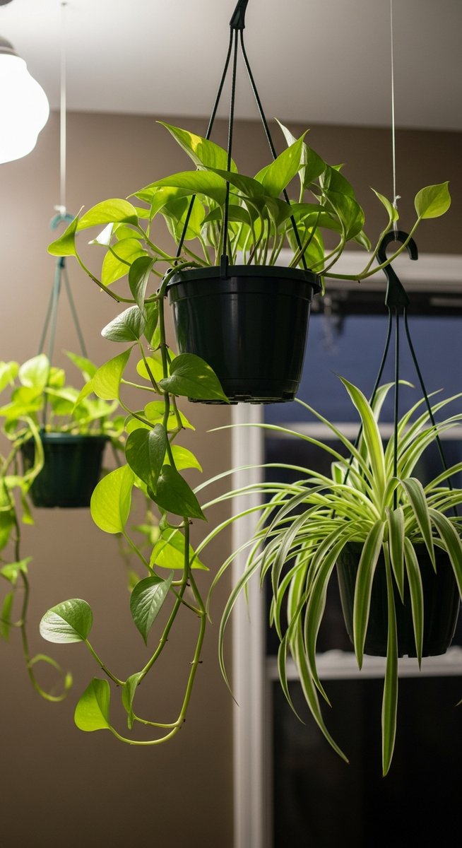 a hanging houseplants such as pothos and spider plant in hanging pots with its leaves oriented toward the light in a indoor space with low to medium light