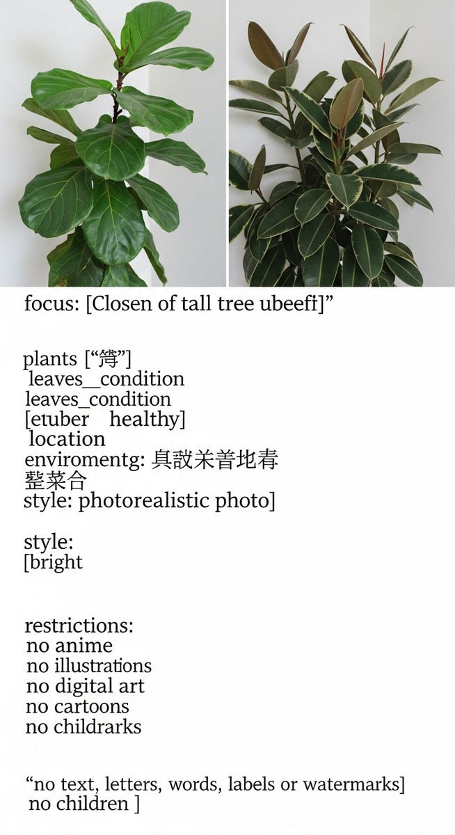close-up of tall tree-form indoor plants such as fiddle leaf fig and rubber plant leaves looking lush in a bright home interior
