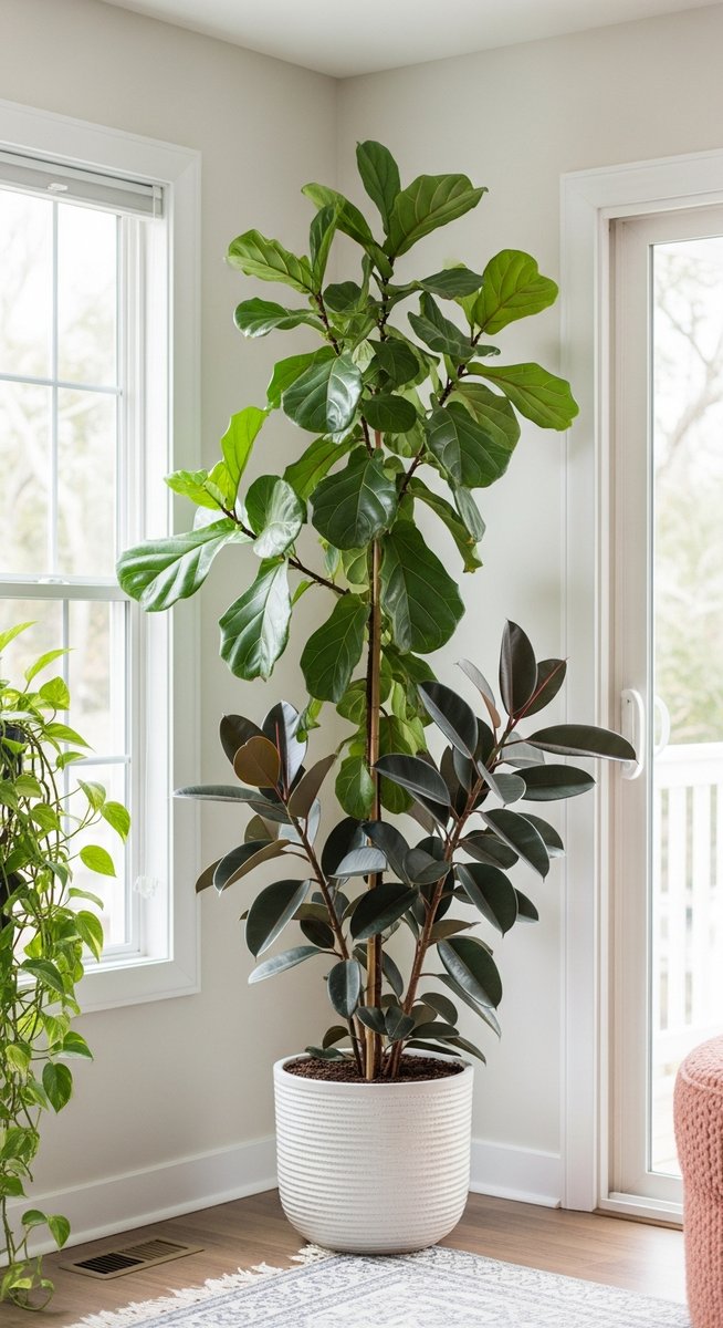 a tall tree-form indoor plants such as fiddle leaf fig and rubber plant thriving in a bright home interior, for low light indoor trees