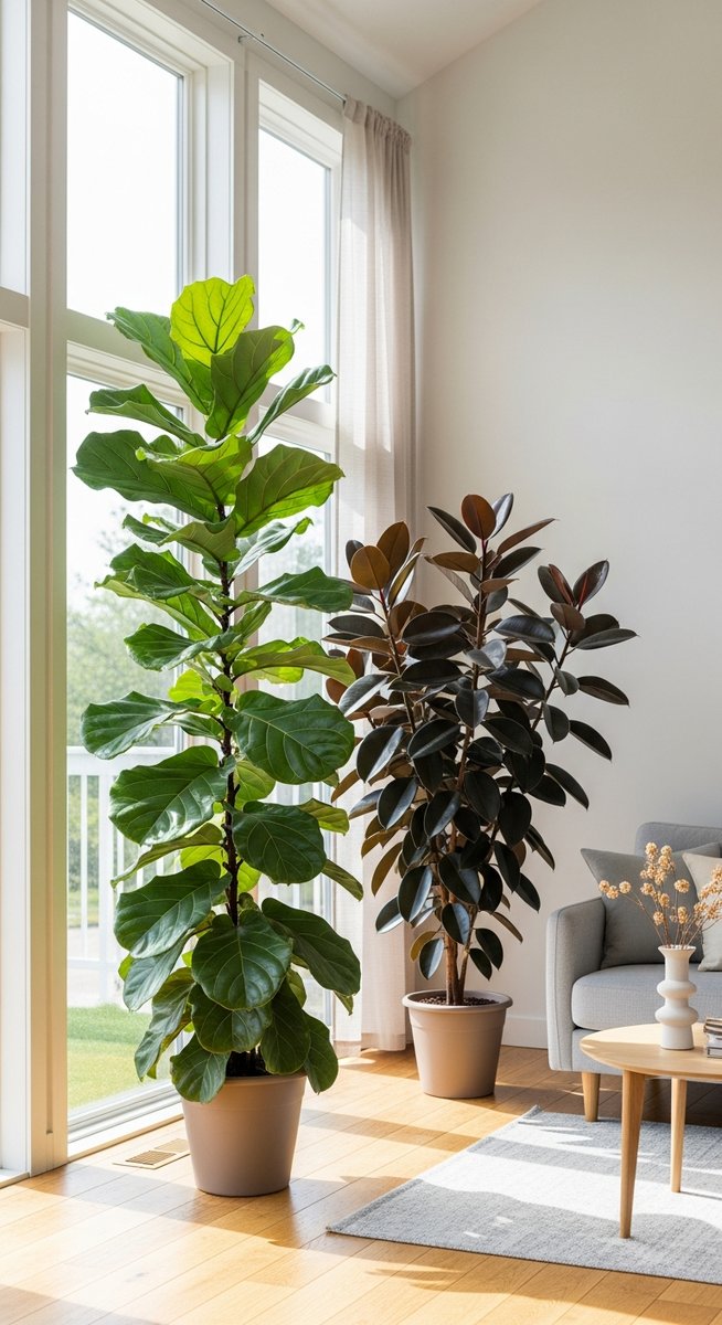 wide shot of a tall tree-form indoor plants such as fiddle leaf fig and rubber plant positioned in a bright home interior