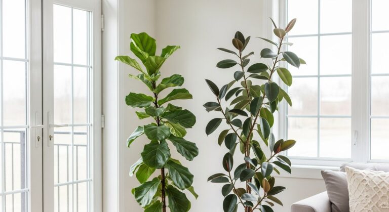 a tall tree-form indoor plants such as fiddle leaf fig and rubber plant looking healthy in a bright home interior, for low light indoor trees