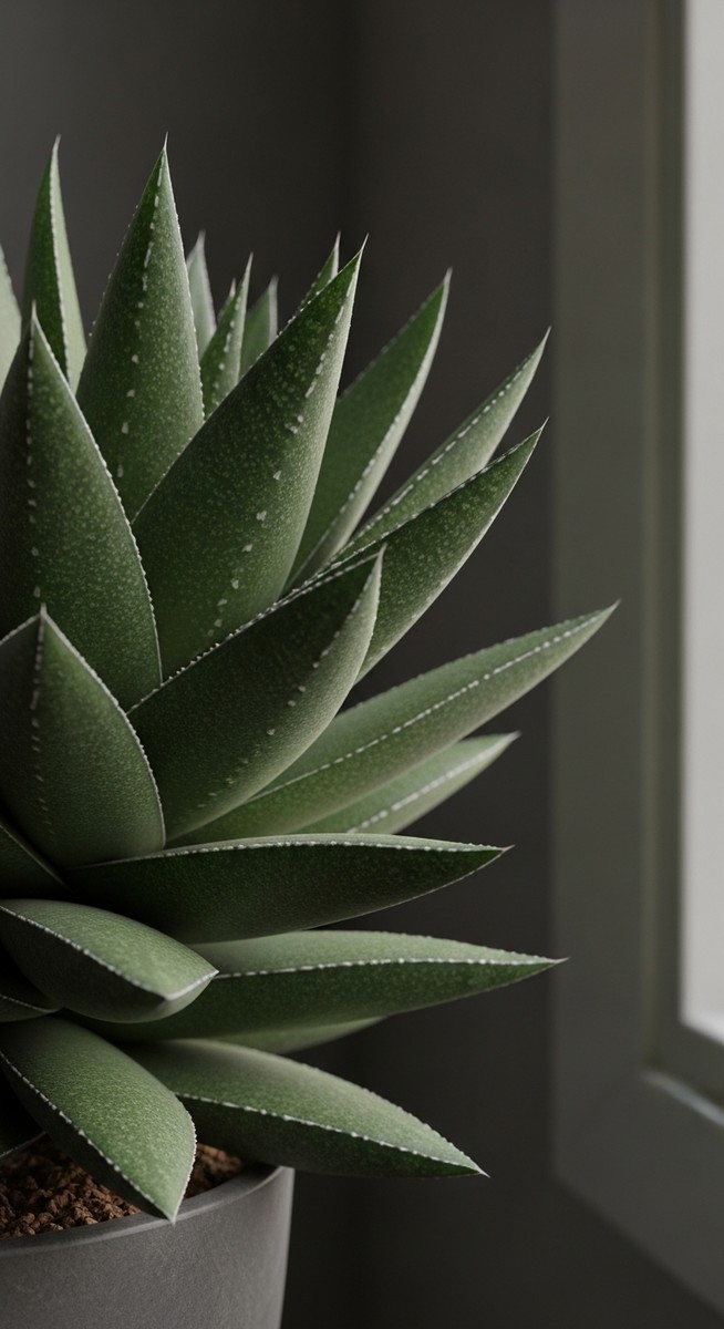 a low-light tolerant succulent plants with its leaves oriented toward the light in a indoor space with low light
