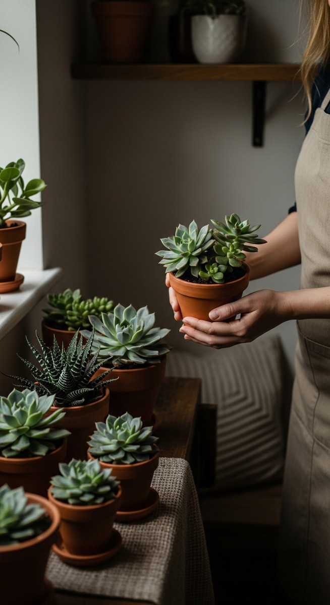 a person placing a low-light tolerant succulent plants in the ideal spot in a indoor space with low light, for low light succulents
