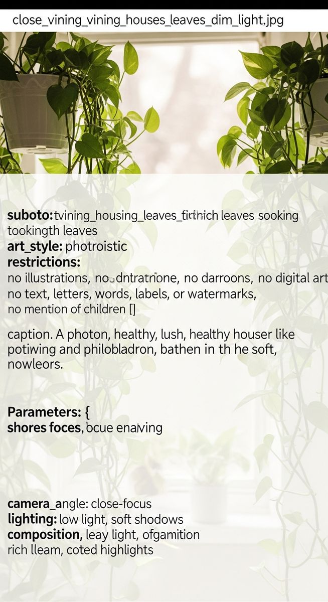 close-up of trailing and vining houseplants such as pothos and heartleaf philodendron leaves looking lush in a dim indoor space with low light