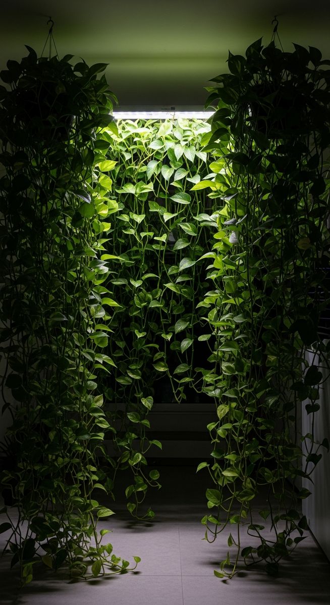 wide shot of a trailing and vining houseplants such as pothos and heartleaf philodendron positioned in a dim indoor space with low light