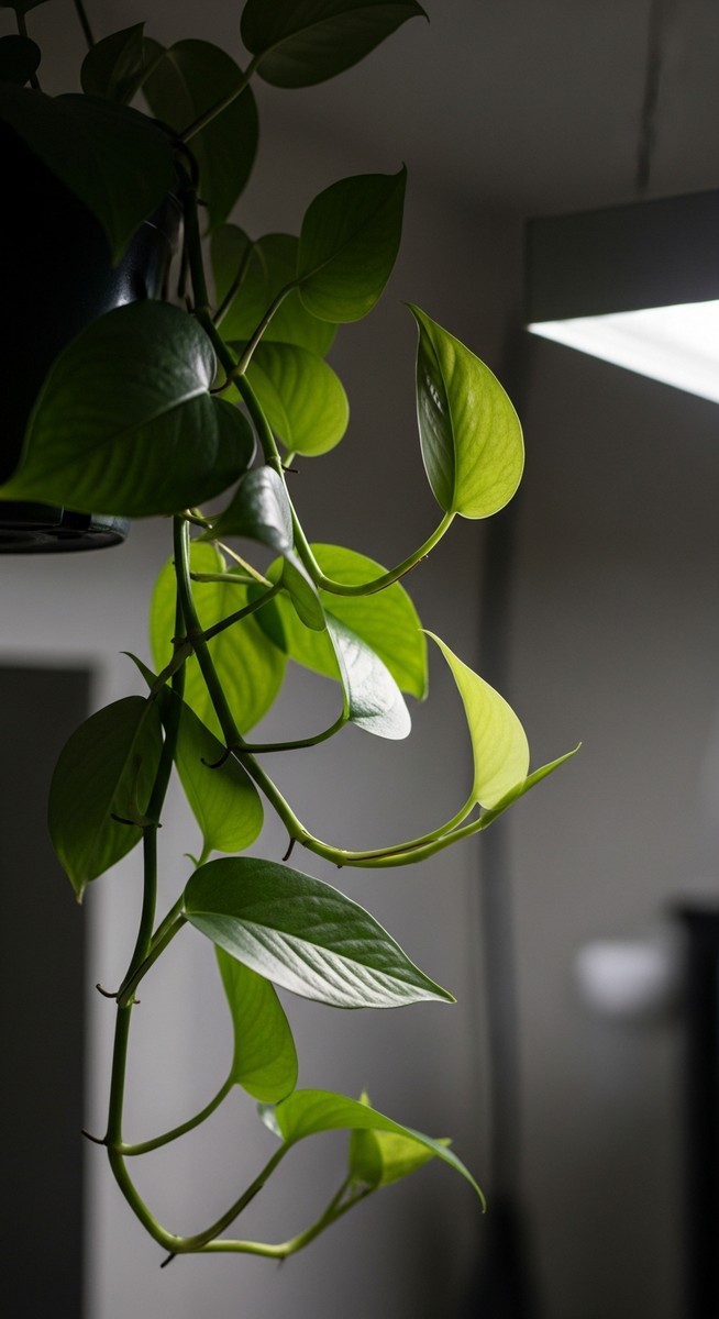 a trailing and vining houseplants such as pothos and heartleaf philodendron with its leaves oriented toward the light in a dim indoor space with low light