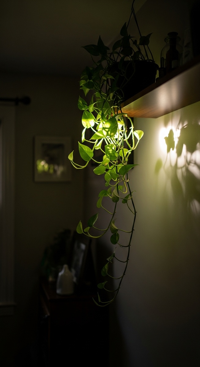 a trailing and vining houseplants such as pothos and heartleaf philodendron in the brightest spot of a dim indoor space with low light